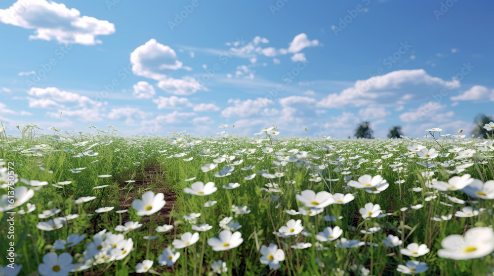 landscape of a green field with daisies against a blue sky. Generative Ai. 