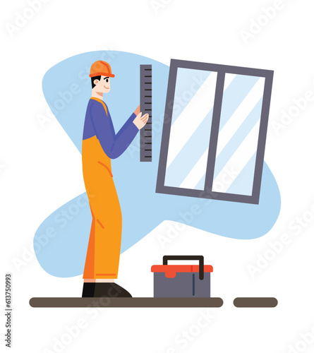 Professional man in uniform and protective helmet holding instrument, measuring window. Process of making home repair. Time for installing windows in flat. Vector flat illustration