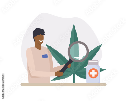 Smiling african guy looks through magnifying glass at medical marijuana. Supporting legality of cannabis. Marijuana product cultivation. Socially progressive world. Vector