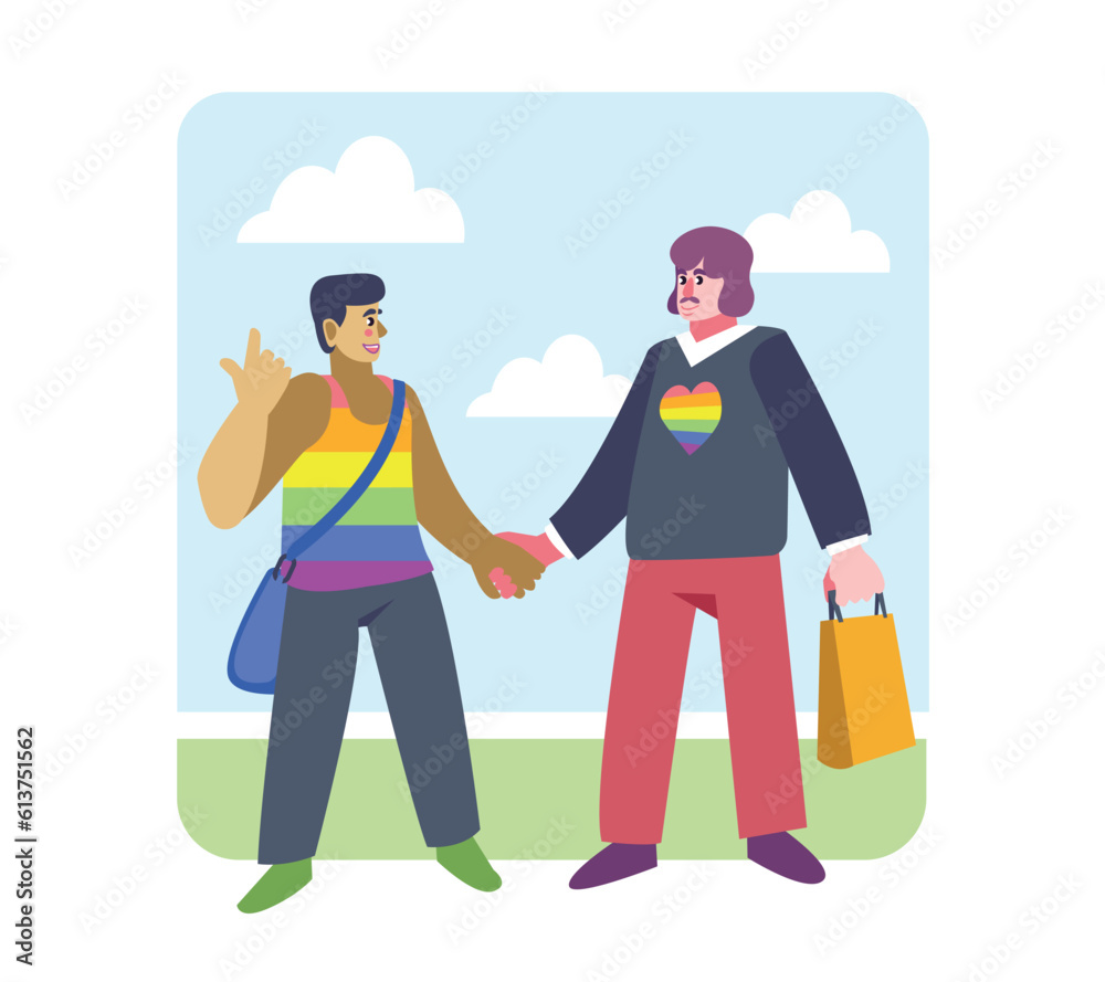 Adult man and male friend holding each other hand and talking, heart symbol with LGBT flag on sweater. Bright personalities spend time together. Vector flat illustration in bright colors Adult man and male friend holding each other hand and talking, heart symbol with LGBT flag on sweater. Bright personalities spend time together. Vector flat illustration in bright colors
