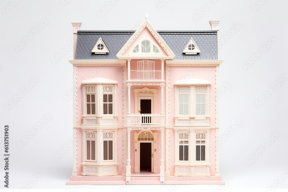 Miniature model of a toy doll house isolated on a flat white background with copy space for text. Minimalist dollhouse banner template, creative house building idea. Generative AI illustration.
