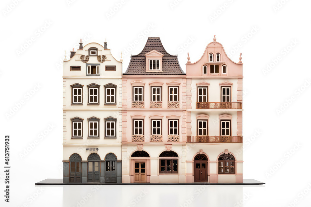 Miniature model of a toy doll house isolated on a flat white background with copy space, front view. Minimalist dollhouse banner template, creative house building idea. Generative AI illustration.
