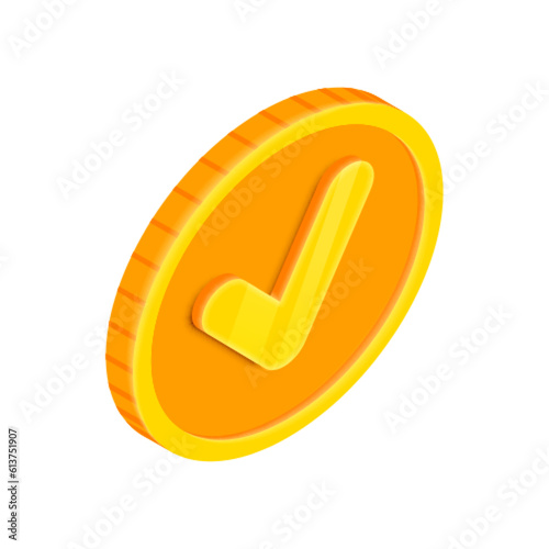 Vector Isometric gold coin with checkmark sign. Approved purchase, successful payment 3D icon. Verified transaction, completed money transfer. For web, app, advert, game coin.