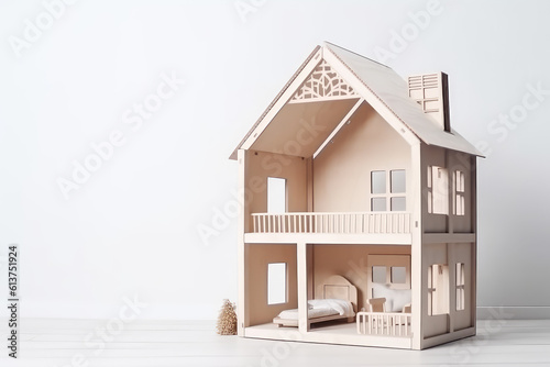 Miniature model of a toy doll house isolated on a flat white background with copy space, light colors. Minimalist dollhouse banner template, creative house building idea. Generative AI illustration. photo