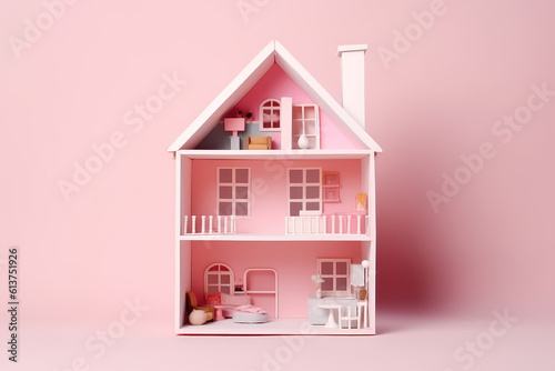 Miniature model of a toy doll house isolated on a flat pink background with copy space. Minimalist dollhouse banner template, creative house building idea. Generative AI illustration.
