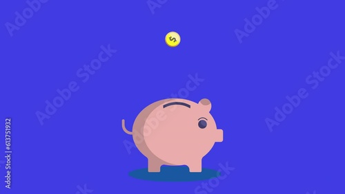 golden coins falling into a cute pink Piggy Bank Loop with space for your text. nice animation of saving money concept, passive income concept. putting coins in pink piggy bank.
