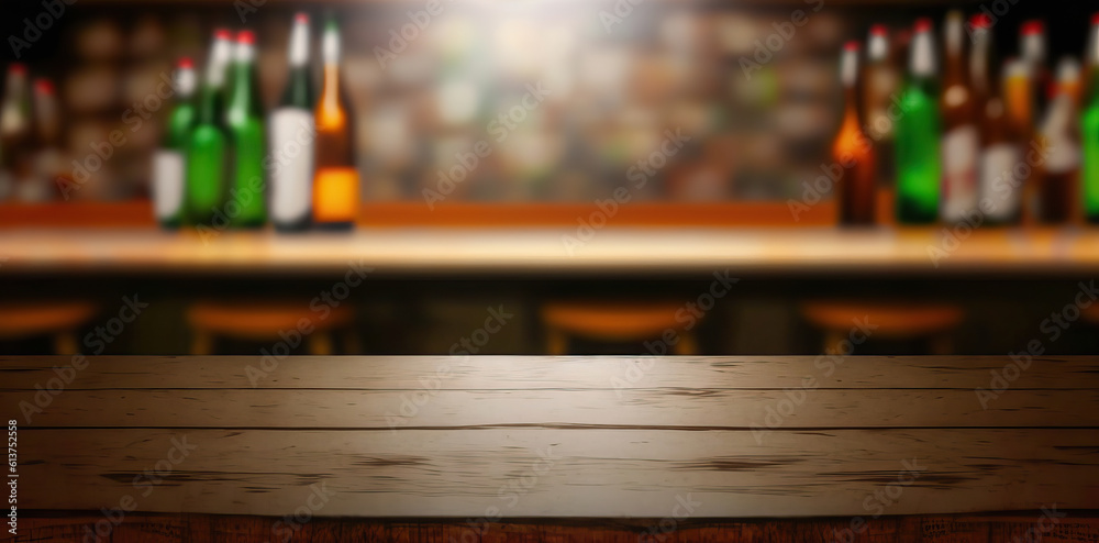 Empty the top of wooden table with blurred counter bar