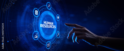 HR Human resources management Recruitment Headhunting. Hand pressing button on screen.