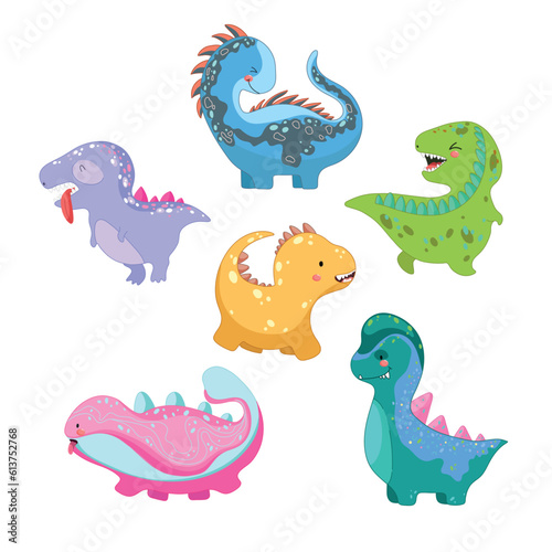 Set six cute colorful dino. Kawaii animal. Vector illustration.
