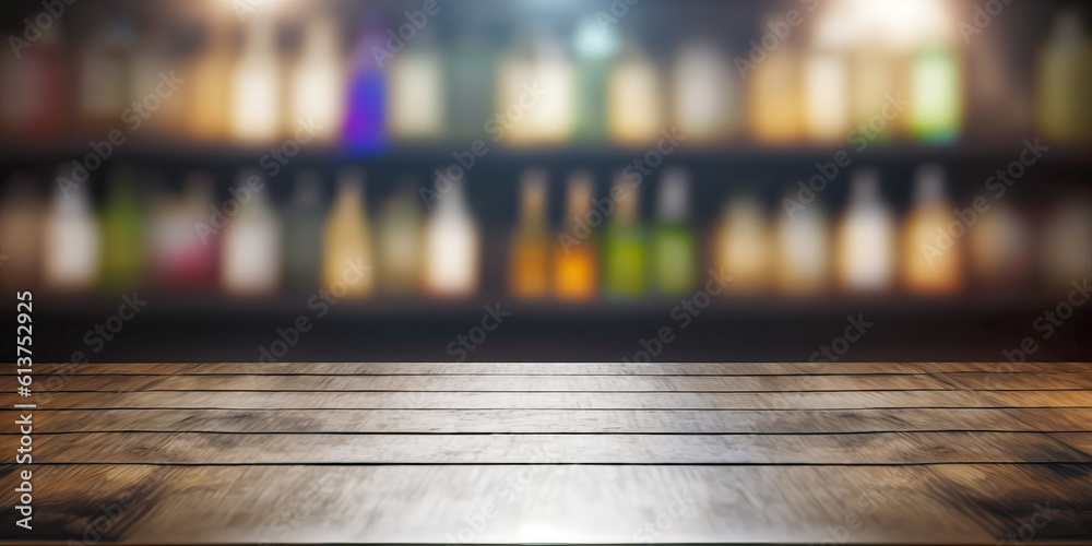 Empty the top of wooden table with blurred counter bar