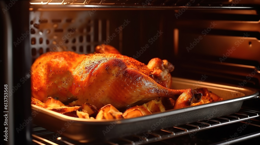 Fototapeta premium Delicious roast chicken, fresh from the oven.AI generated.