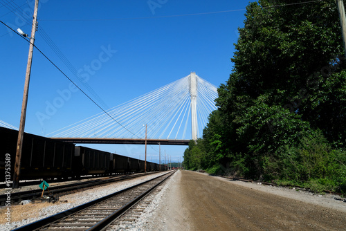 port mann bridge canada over the Fraser River in BC bottom side view closeup zoom huge white stretched cables hold a large bridge Port Coquitlam, Greater Vancouver, British Columbia, Canada 2023