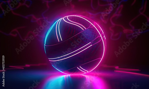Basketball with neon lines on a bright, dynamic background Creating using generative AI tools © uhdenis