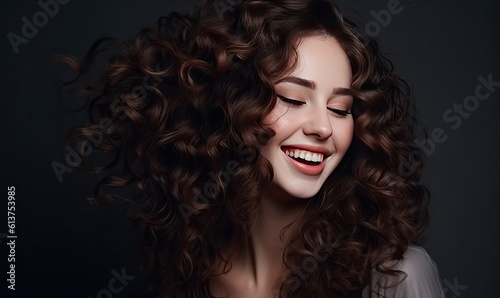 Laughing brunette beauty with hair that flows like a river. Creating using generative AI tools