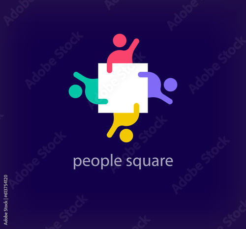 Human team logo around creative square. Unique color transitions. Unique teamwork logo template. vector