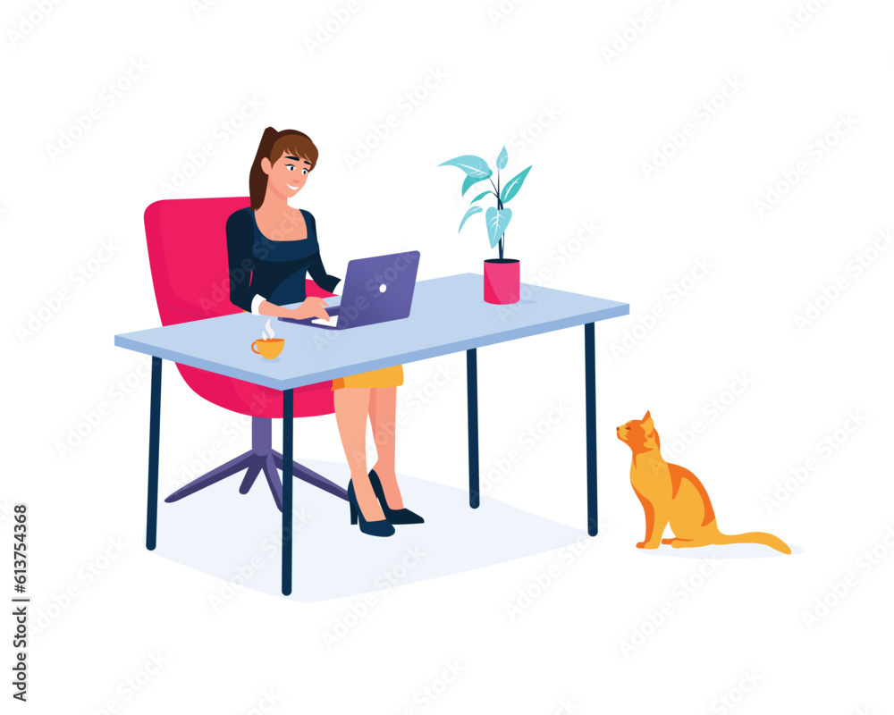 Cartoon young woman doing her distant job from home with cat under table. Time management for freelancers. Online study and education. Vector flat style illustration