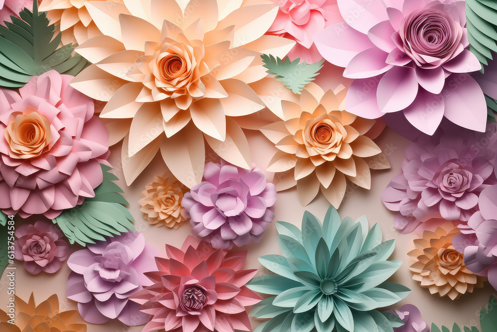 Creative backdrop origami flowers from paper. Origami paperwork in pastel colors. Close-up of a plant still life in the style of quilling. Generative AI 3d render illustration imitation.