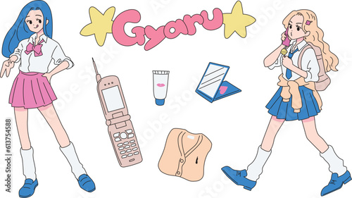 gyaru fashion highschool girls vector illustration