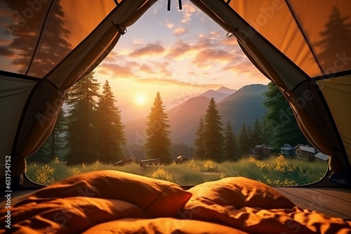 Beautiful Mountains Landscape from inside the Door of the Camping Tent at Morning Sunshine