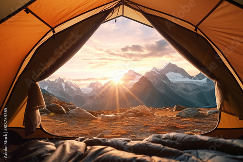 Beautiful Mountains Landscape Holiday Adventure from inside the Door of the Camping Tent at Morning
