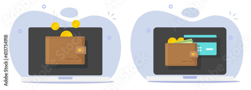 Digital currency money earn income web wallet icon graphic vector laptop computer pc online, electronic virtual revenue crypto coins receive, salary wage profit reward, safe invest bank account trust