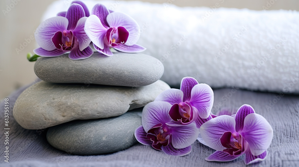 spa composition on massage, towels and stones, flowers Relaxation. Generative AI spa composition on massage, towels and stones, flowers Relaxation. Generative AI