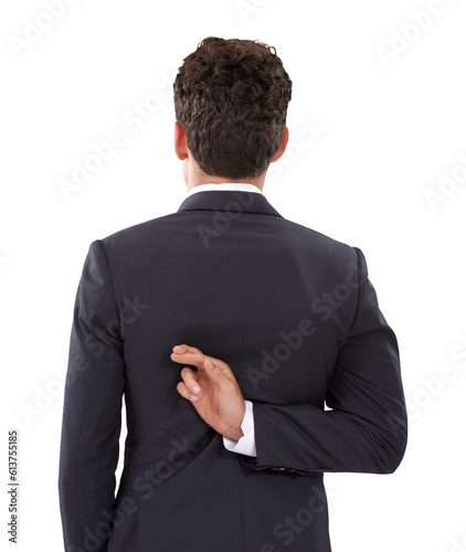 Back of businessman, promise and fingers crossed isolated on transparent png background with dishonesty for deal. Lies, fake trust and fraud, liar man, scam hand sign for corporate crime from behind.