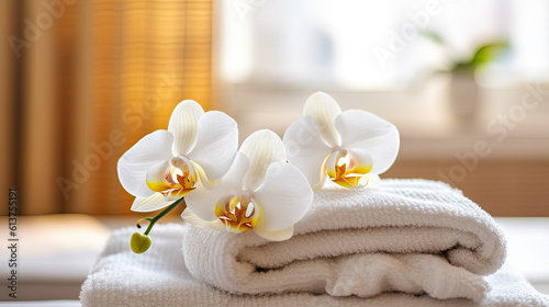 spa composition on massage, towels and stones, flowers Relaxation. Generative AI 