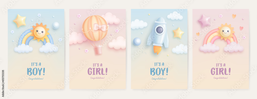 Set of baby shower invitation template with cartoon rocket, hot air balloon and rainbow on colorful background. Its a girl, its a boy. Vector illustration