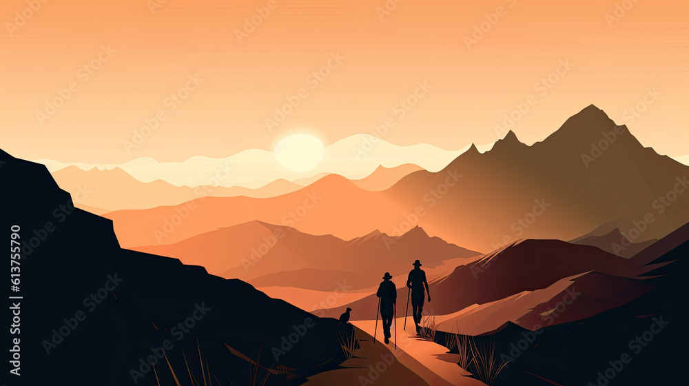 Silhouette of hiking in the mountains at sunset.