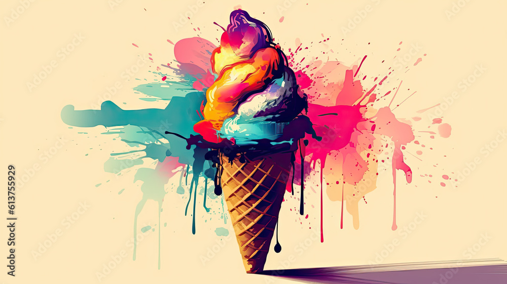 Ice cream in a waffle cone on a colored background.