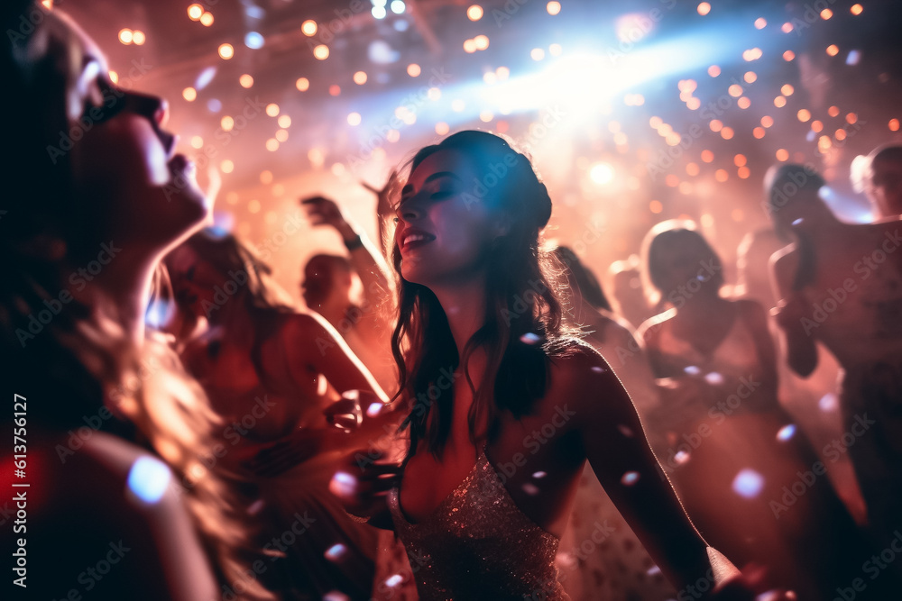 Girl teen celebrating and dancing exuberantly at party or at concert - theme nightclub, celebrating, having fun - Generative AI