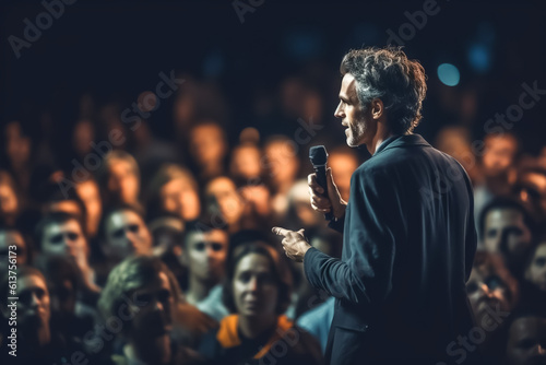 Man gives speech or lecture in front of large audience - Topic Symposium, Lecture, Seminar or Coaching - Generative AI photo