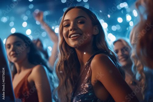 Girl teen celebrating and dancing exuberantly at party or at concert - theme youth  celebrating  having fun - Generative AI