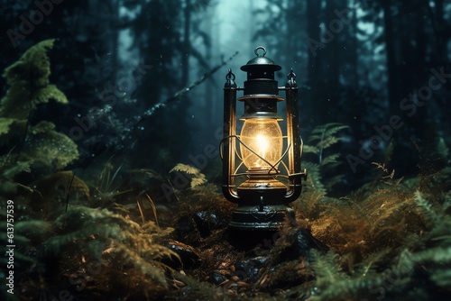 A glowing lantern in a dark forest shrouded in mist. generative AI
