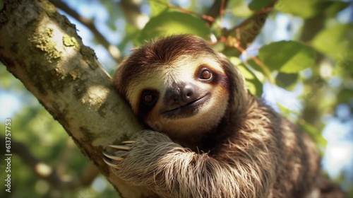 Cute sloth hanging on tree branch with funny face look, perfect portrait of wild animal in the Rainforest. AI Generative Image