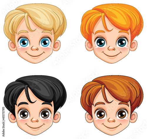 Set of c ute boy head cartoon character in different race and hair colour