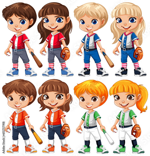 Sticker Set of cute boy and girl baseball player cartoon character with diffrent hair co