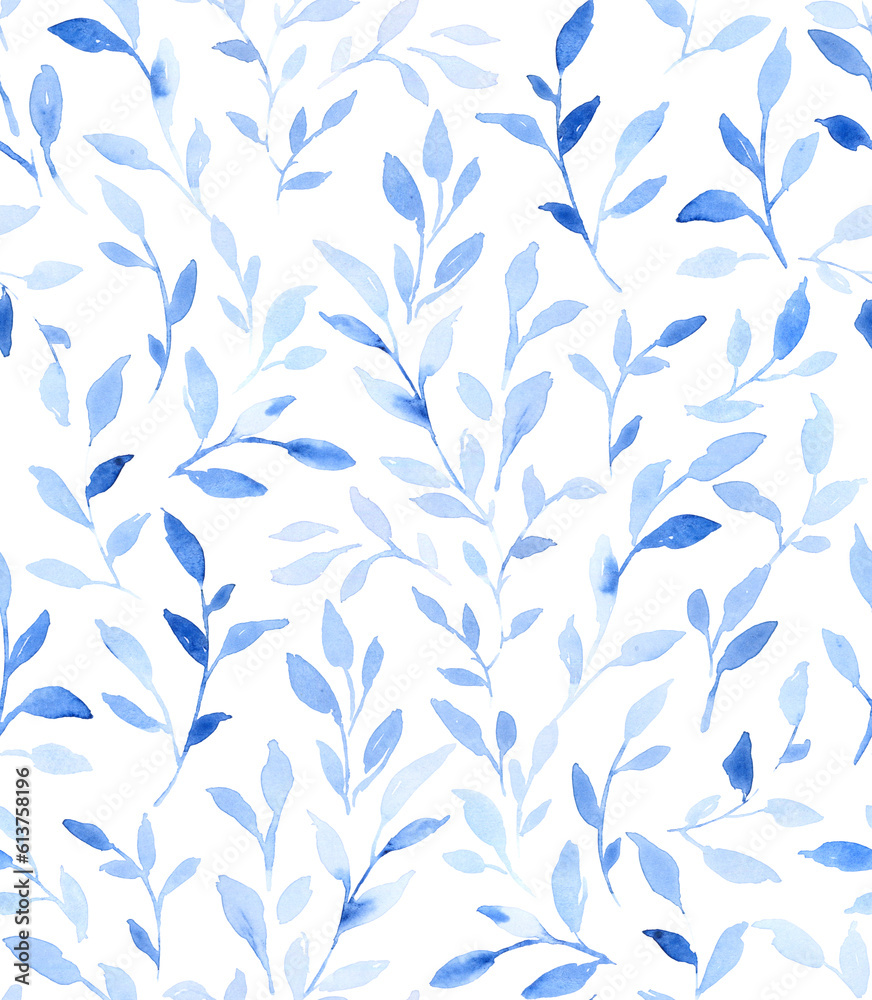 Hand painted all over seamless blue watercolor leaves pattern in repeat