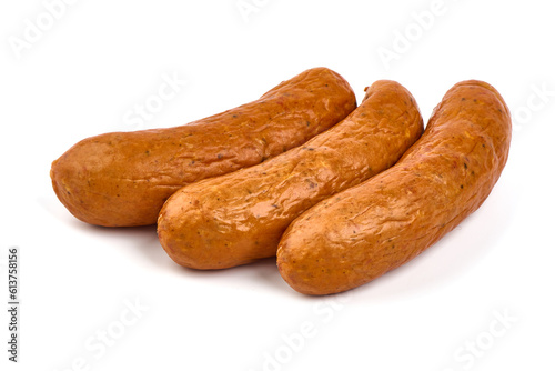 Smoked German Sausages, isolated on white background.