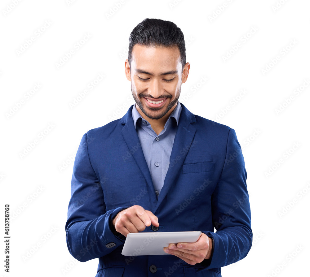 Tablet, corporate and planning with a business man isolated on a transparent background for information technology. Internet, research and networking with a happy young male employee searching on PNG Tablet, corporate and planning with a business man isolated on a transparent background for information technology. Internet, research and networking with a happy young male employee searching on PNG