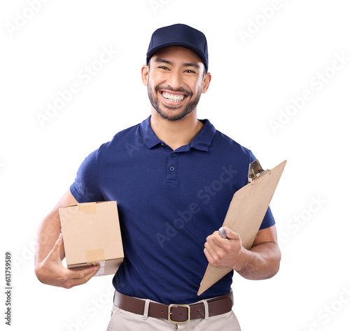 Portrait, box or documents with a delivery man isolated on transparent background for ecommerce shipping. Logistics, retail and courier with a happy young male post office worker on PNG for service photo