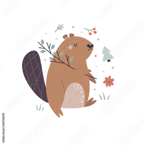Vector illustration of a cute beaver walking with a tree