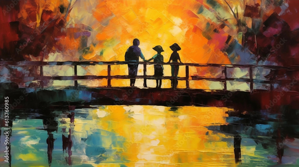 An Oil Painting of People Standing on a Foot Bridge Generative AI