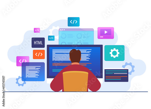 Man working as programmer, Writing code using laptop, Website developer, Coding software on computer screen flat illustration vector template