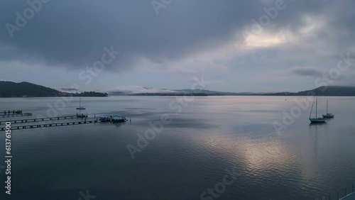 Aerial sunrise with fog drifiting over Brisbane Water at Koolewong on the Central Coast, NSW, Australia. photo