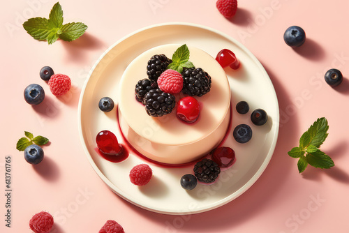 top view Delicious creamy panacotta decorated with blackberries, cherry, raspberries and blueberries on a studio pink background. Generative AI professional photo imitation.