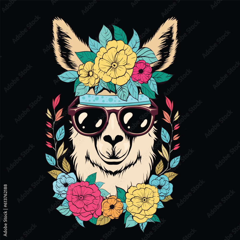 Vector banner with an image of a lama in a floral wreath. Llama with sunglasses on dark background. Abstract postcard in hippie style. 