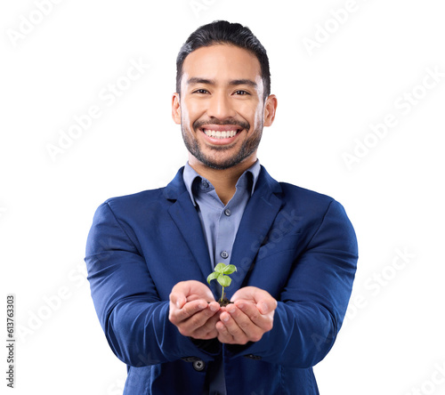 Portrait, ecology and business man, plant in hands with growth and investment isolated on transparent png background. Sustainability, eco friendly and male employee with agro company development