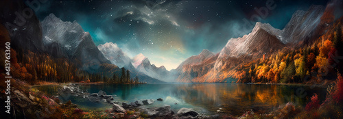drawing, painting of natural scene with lake, forest, mountains, animals, stars in the night, romantic landscape